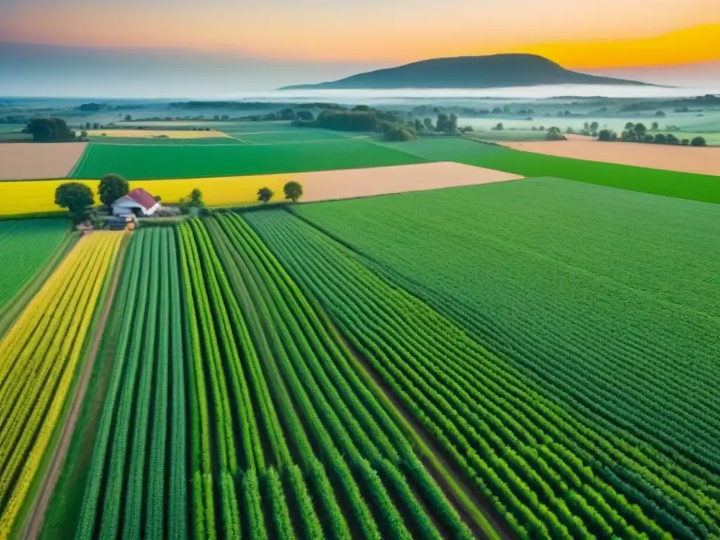 Espléndida granja rural al atardecer con agricultores trabajando Atardecer dorado en granja rural con campos verdes y agricultores trabajando