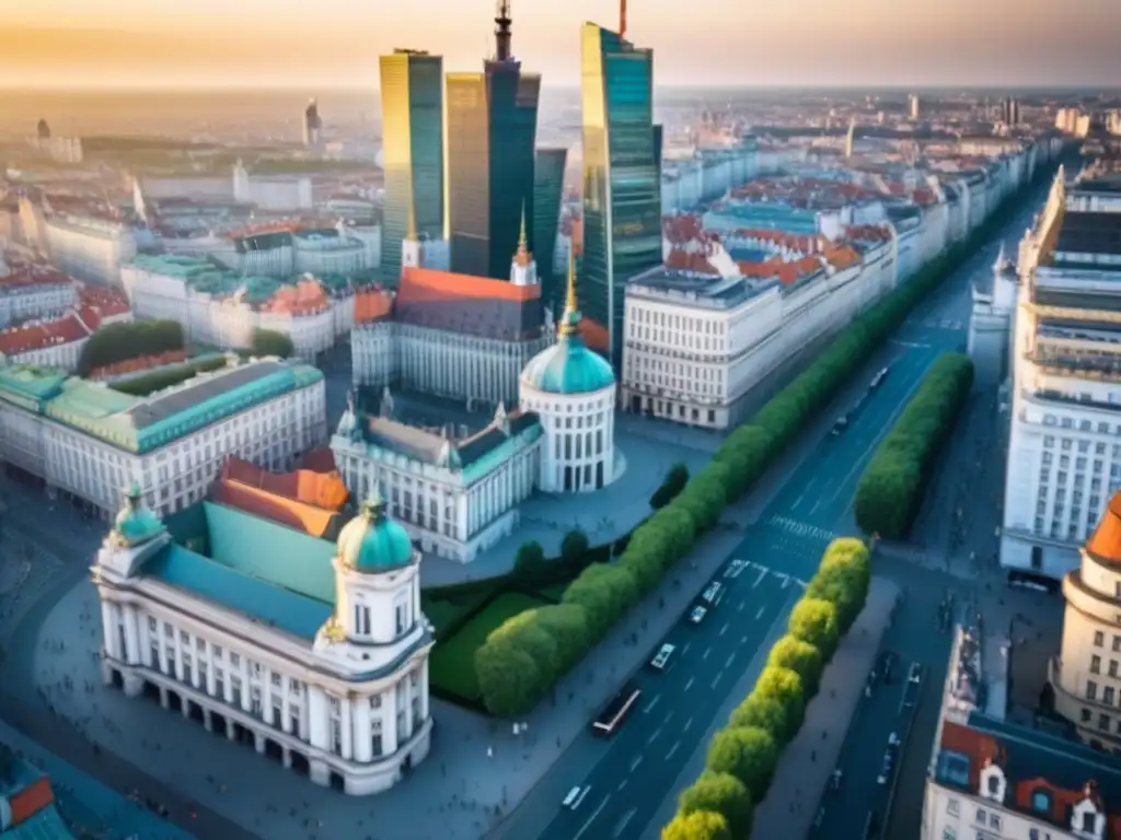 Cityscape de Varsovia: historia y modernidad en armonía 'Atardecer dorado sobre Varsovia, Polonia, fusionando historia y modernidad