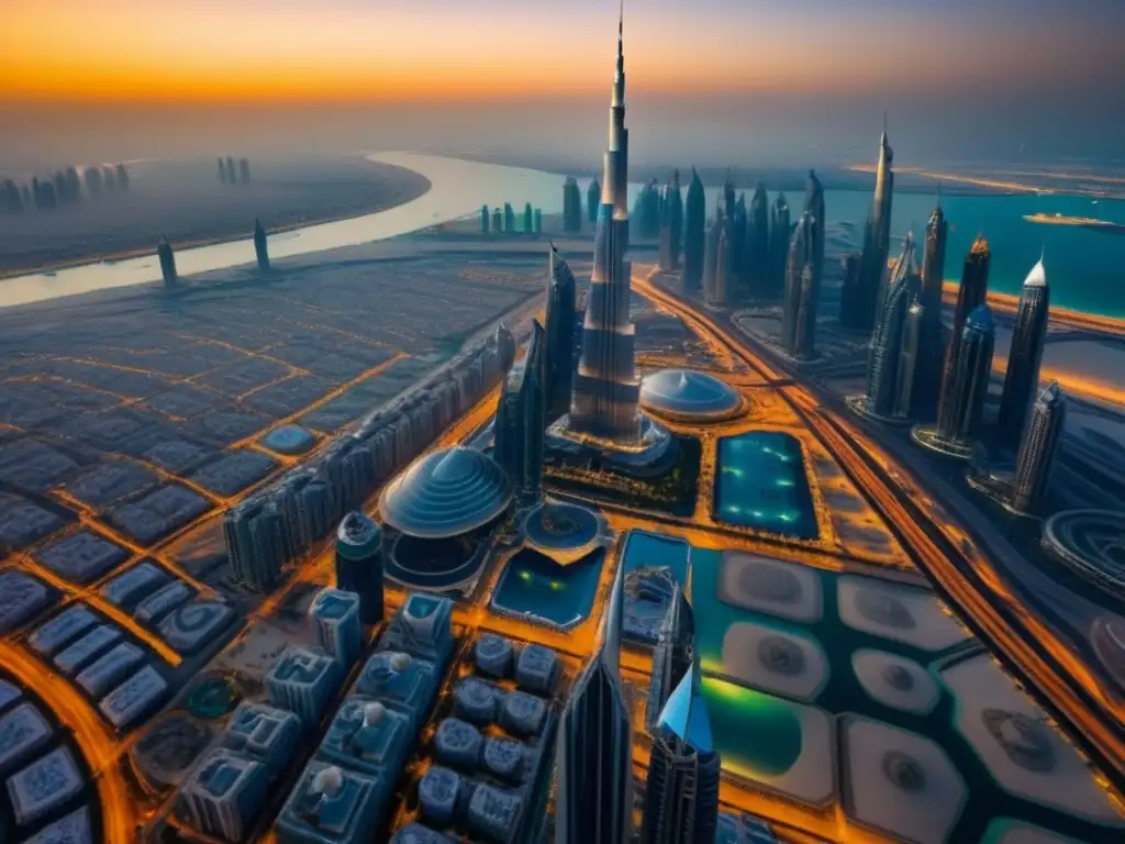 Esplendor dorado: Dubai skyline al atardecer con Burj Khalifa Un atardecer dorado sobre el horizonte de Dubái, con el Burj Khalifa y propiedades de lujo en Medio Oriente