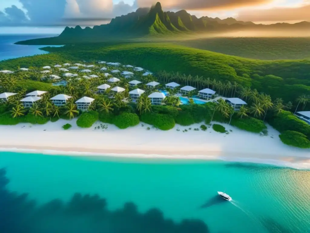 Paraíso caribeño: atardecer de lujo y exclusividad Atardecer dorado en isla caribeña con aguas turquesas, playas de arena blanca, palmeras y propiedades de lujo en la costa