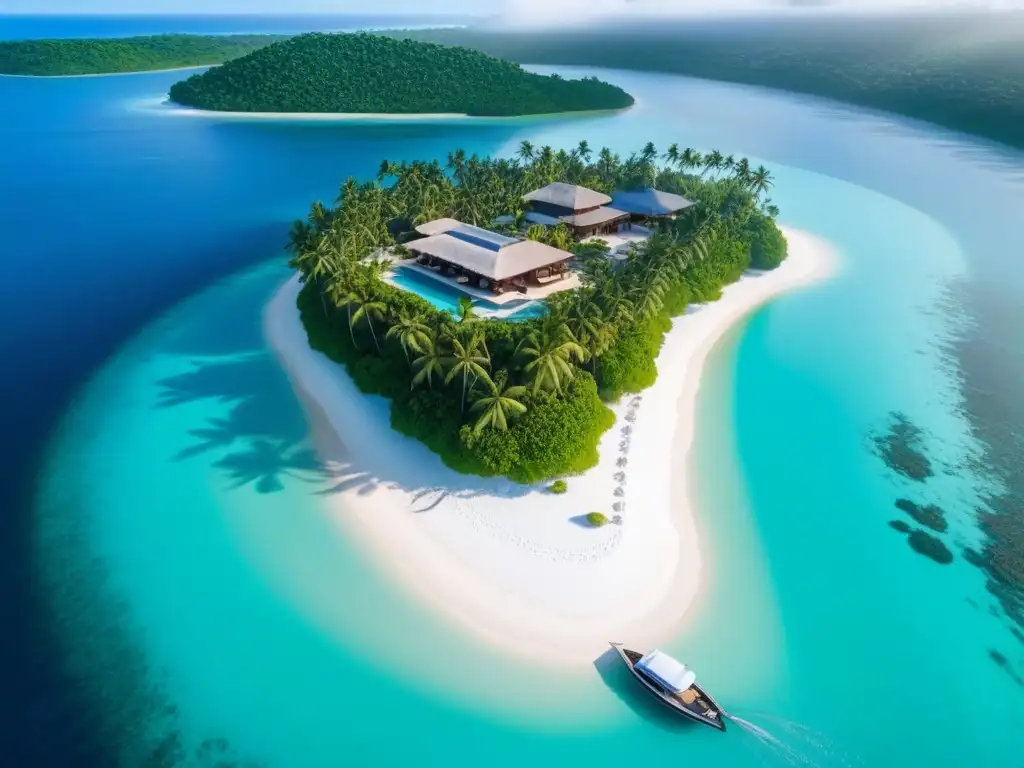 Paraíso exclusivo: isla privada de lujo al atardecer Atardecer dorado en isla privada de lujo con mansión moderna, playa blanca y yate