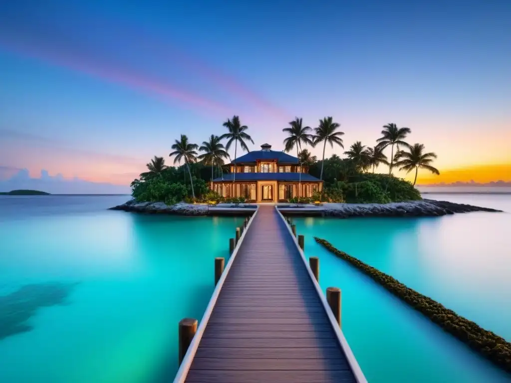 Paraíso privado de lujo: isla, mansión, yate al atardecer Atardecer dorado en isla privada de lujo, con mansión moderna, helipuerto y yate, rodeada de aguas turquesas