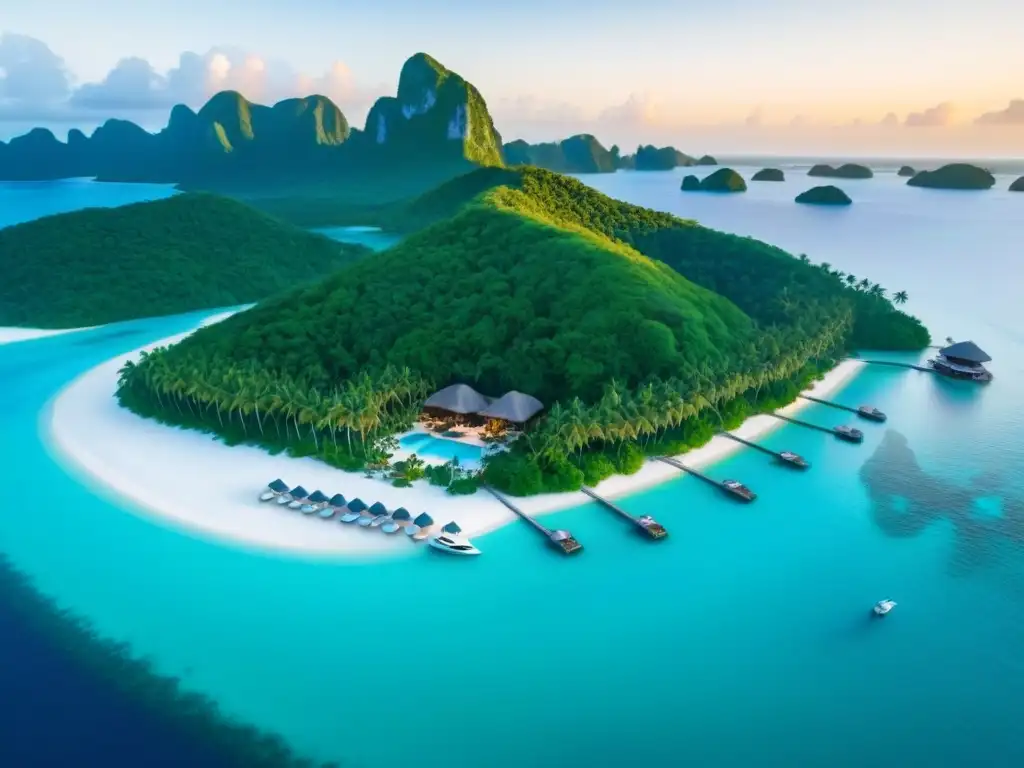 Paraíso privado de lujo: isla exclusiva y villas suntuosas Atardecer dorado sobre isla privada con villas lujosas y playa de arena blanca