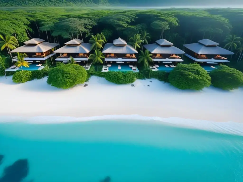 Paraíso exclusivo: isla privada de lujo al atardecer Atardecer dorado en isla privada con villas lujosas e infinity pools