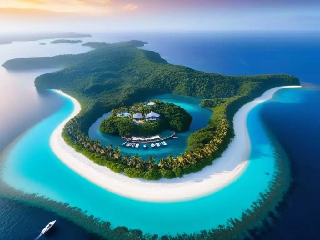 Paraíso privado: isla de lujo con vistas aéreas impresionantes Atardecer dorado en isla privada de lujo con aguas turquesas y villas opulentas