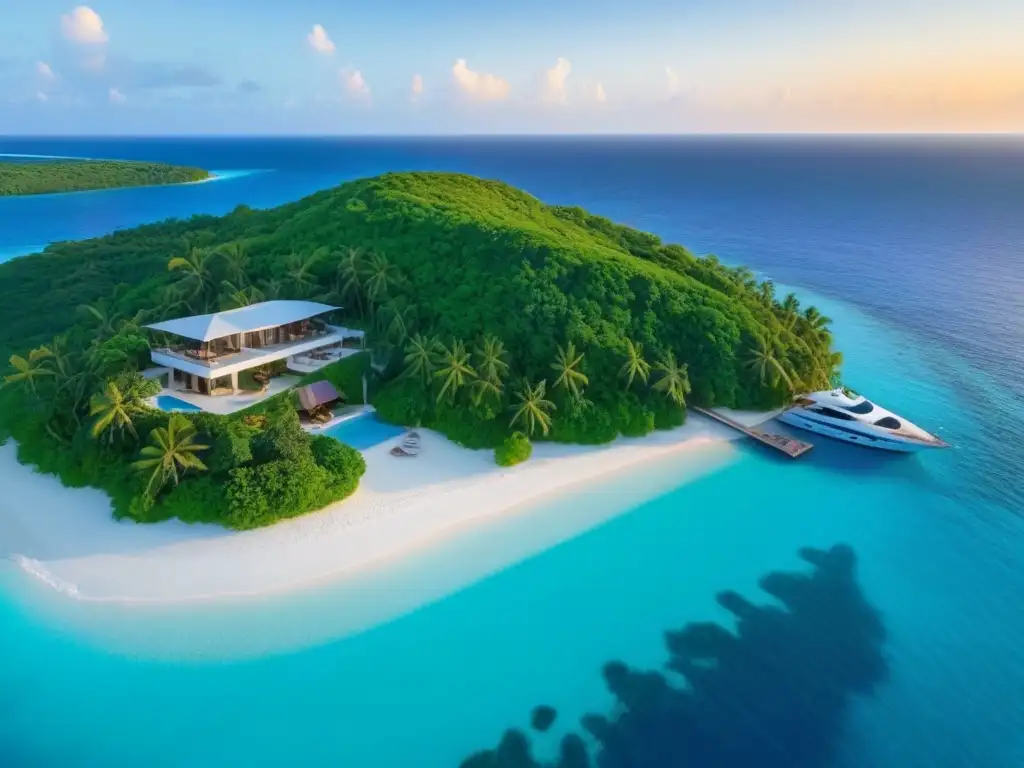Paraíso privado: isla exclusiva con villa de lujo frente al mar Atardecer dorado en isla privada con villa lujosa, playas blancas y aguas turquesas