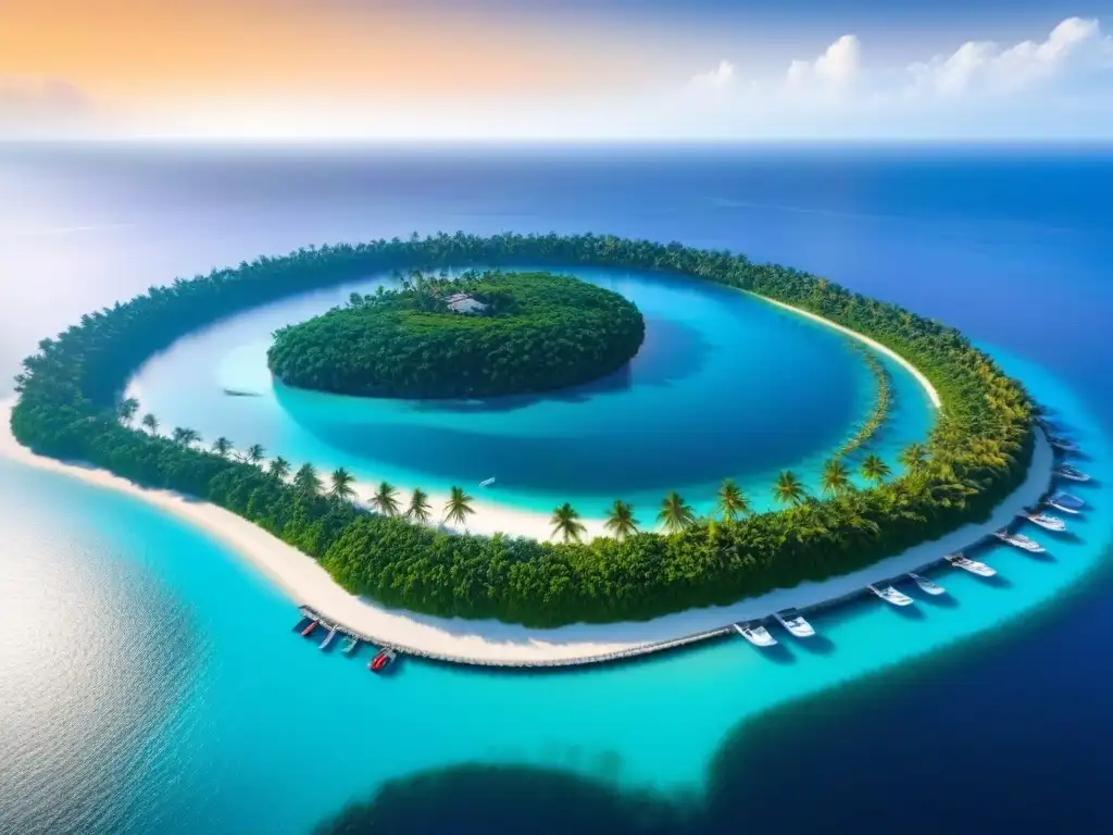 Paraíso privado de lujo: villas modernas y aguas turquesas Atardecer dorado en lujosa isla privada con villas, piscinas infinitas, vegetación exuberante y yate en muelle