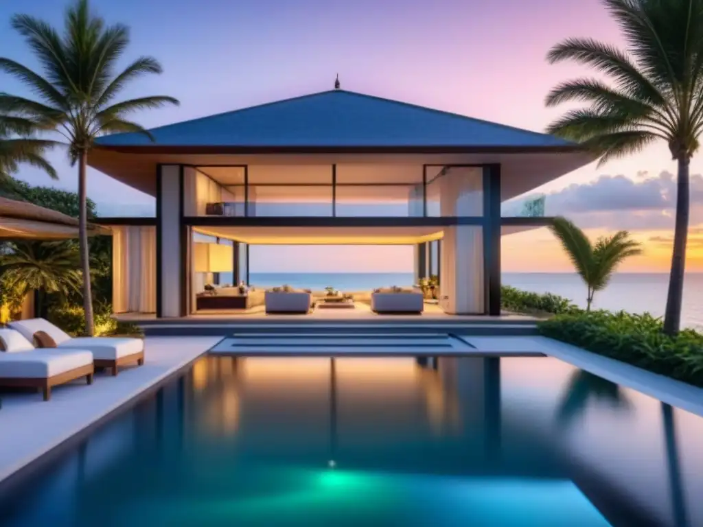 Villa de lujo frente al mar con piscina infinita y vistas panorámicas Atardecer dorado en lujosa villa de playa con piscina infinita y palmeras