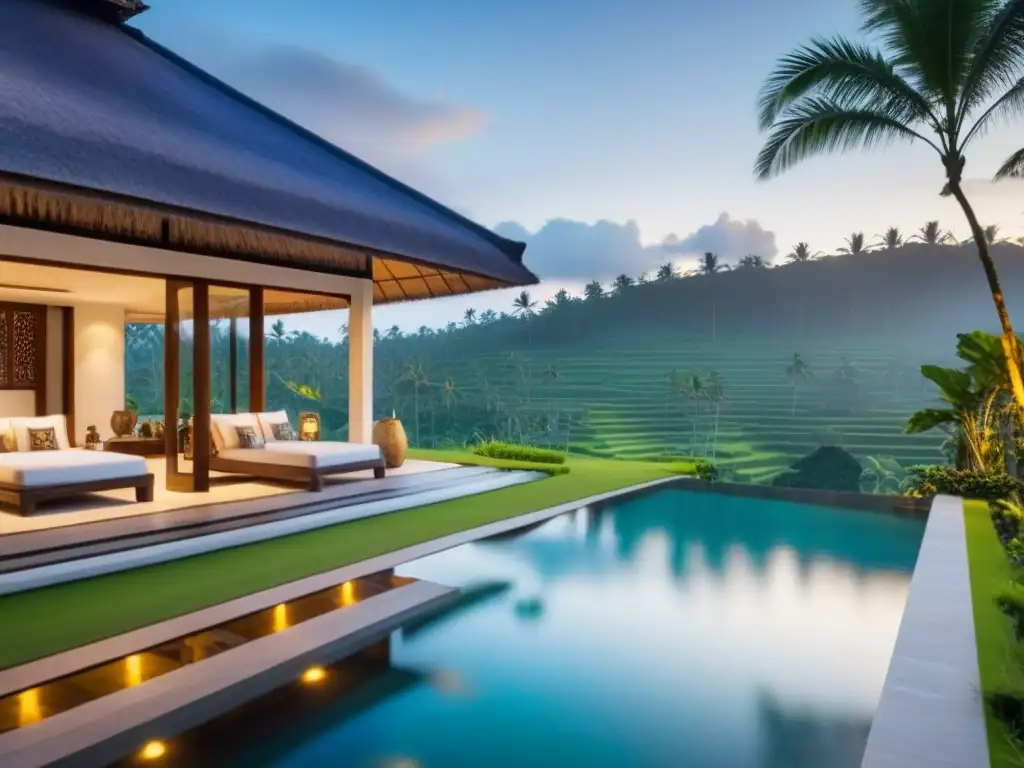 Villa de lujo en Bali: piscina infinita entre arrozales Atardecer dorado en lujosa villa en Bali con piscina infinita y diseño balinés contemporáneo