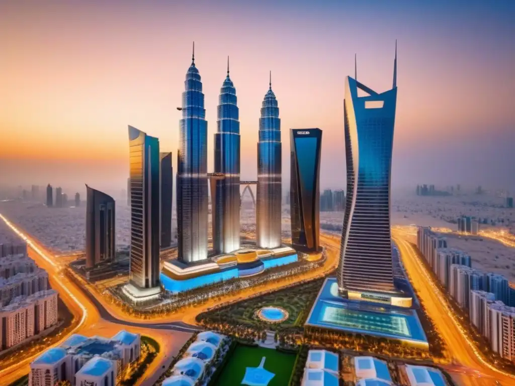 Rascacielos moderno de lujo al atardecer en ciudad del Medio Oriente Un atardecer dorado ilumina un lujoso rascacielos en Medio Oriente, rodeado de edificios tradicionales y modernos