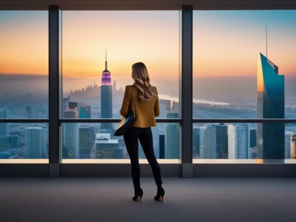 Rascacielos moderno de lujo en la ciudad al atardecer Un atardecer dorado ilumina un lujoso rascacielos moderno con vista a la bulliciosa ciudad