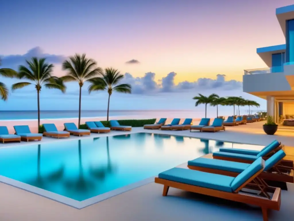 Paraíso playero: lujo y relax en timeshare frente al mar Un atardecer dorado sobre un lujoso tiempo compartido frente a la playa, con piscina reluciente y palmeras