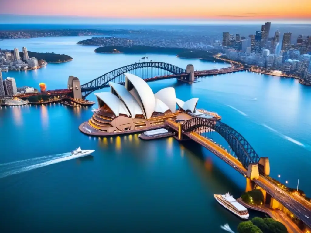 Espléndida vista aérea de la Ópera de Sídney al atardecer Atardecer dorado sobre Sydney Opera House y Harbour Bridge, destacando el mercado inmobiliario internacional