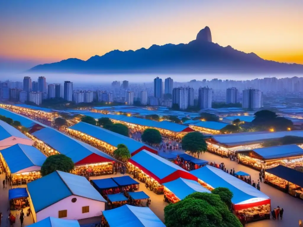Metrópolis emergente: atardecer dorado entre rascacielos y mercado Atardecer dorado en metrópolis emergente, con rascacielos, bulliciosas calles y mercados coloridos
