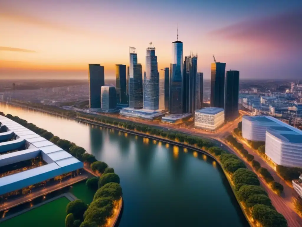 Espléndida ciudad moderna al atardecer: revaluación urbana Un atardecer dorado ilumina moderna ciudad, reflejando rascacielos