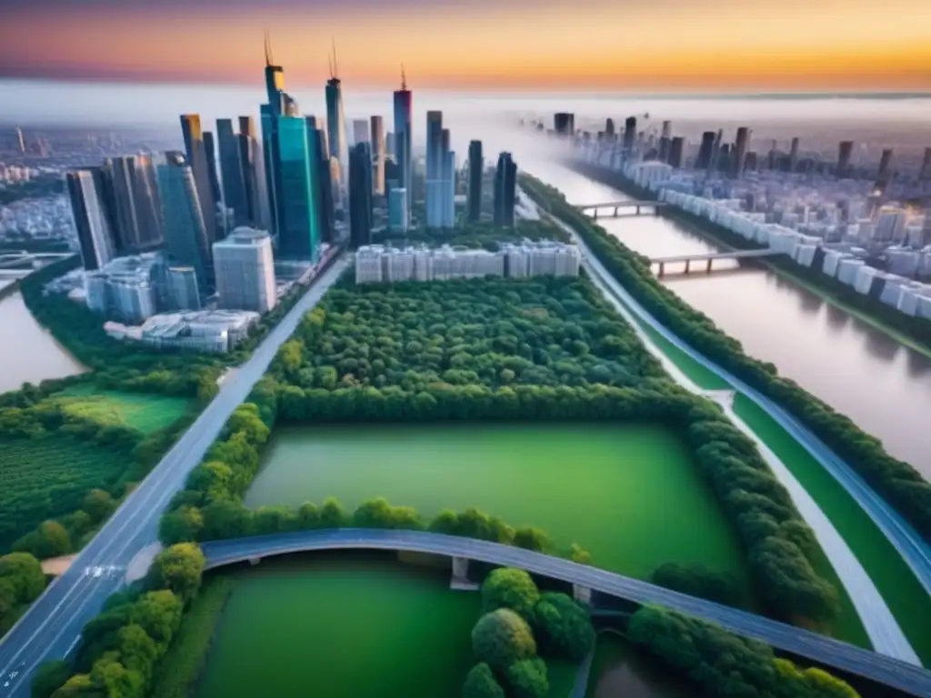 Metrópolis moderna: atardecer dorado y ríos brillantes Atardecer dorado entre rascacielos y parques, ríos relucientes en la metrópoli