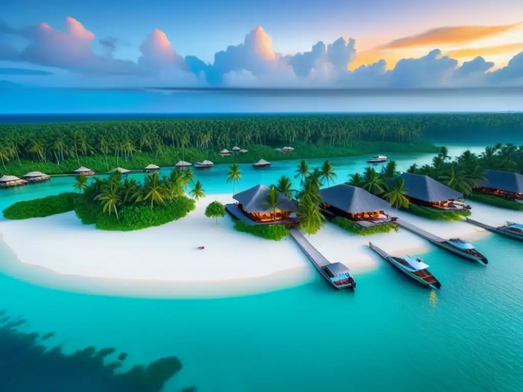 Paraíso exclusivo: isla privada de lujo al atardecer Atardecer dorado en resort de isla privada con playas blancas, aguas turquesas y bungalows sobre el agua
