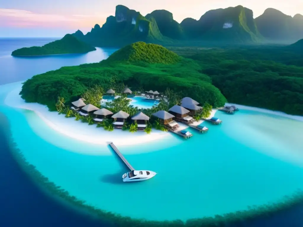 Paraíso exclusivo: resort de lujo en isla privada Atardecer dorado en resort isla privada con bungalows sobre el agua, playa de arena blanca y piscina infinita serena