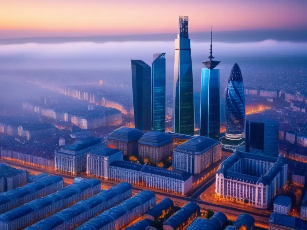 Skyline futurista al atardecer en Europa del Este Atardecer dorado ilumina skyline futurista de una ciudad del Este de Europa, reflejando mercado inmobiliario Europa del Este