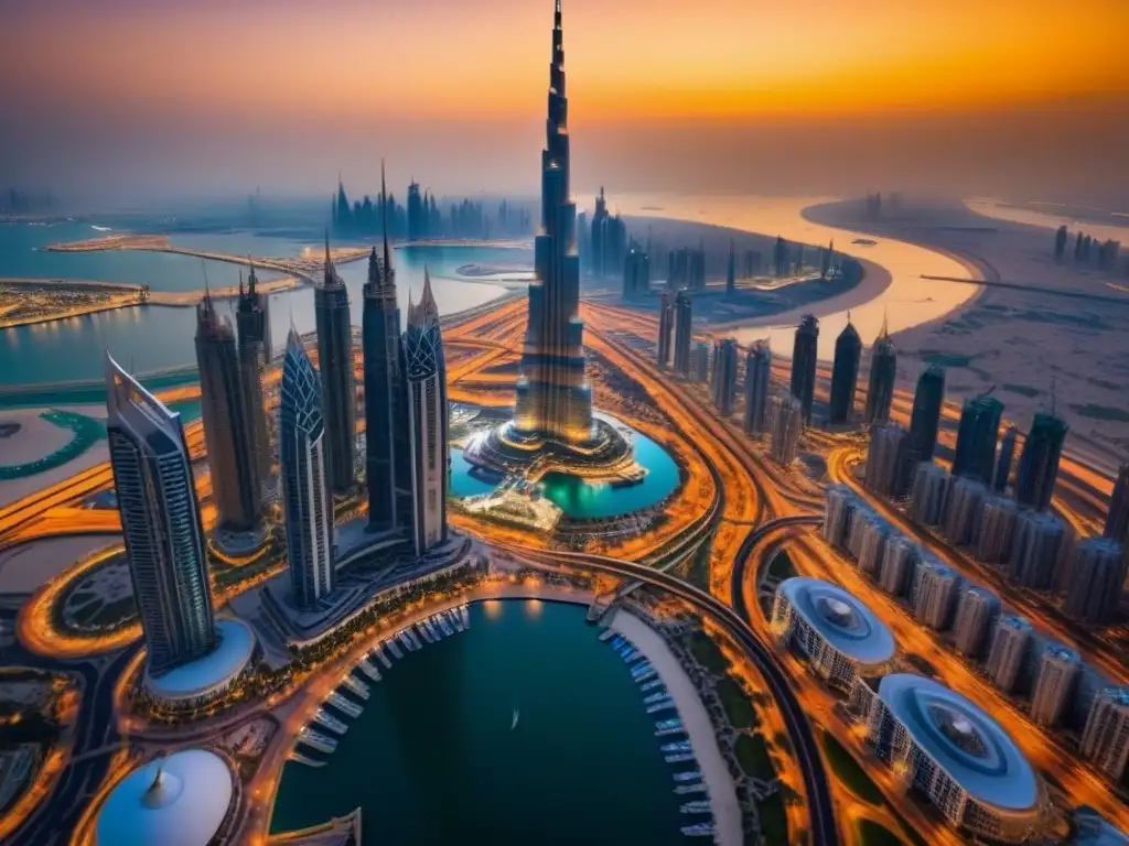 Espléndida vista aérea de Dubai: Burj Khalifa y modernos rascacielos Atardecer dorado sobre skyline futurista de Dubai con Burj Khalifa y rascacielos de lujo
