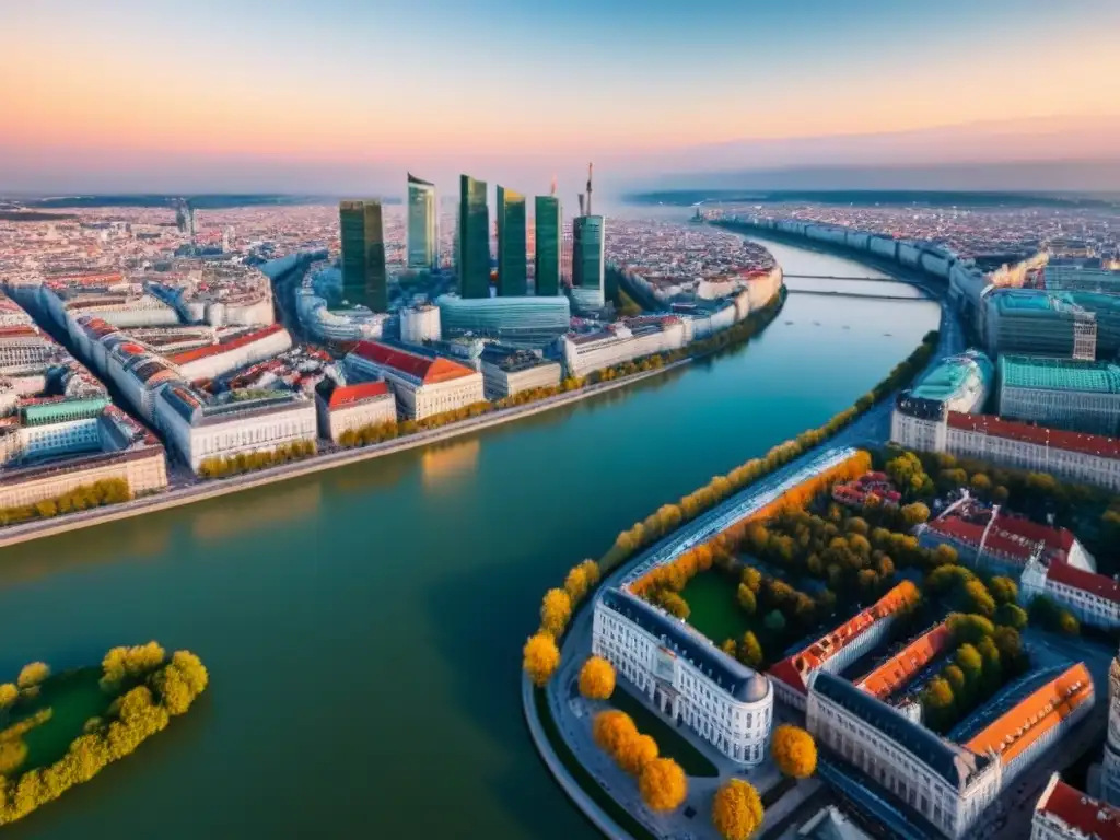 Vienna: Evolución arquitectónica entre historia y modernidad Atardecer dorado sobre el skyline de Viena, reflejando la evolución urbana bajo políticas de inversión en Viena
