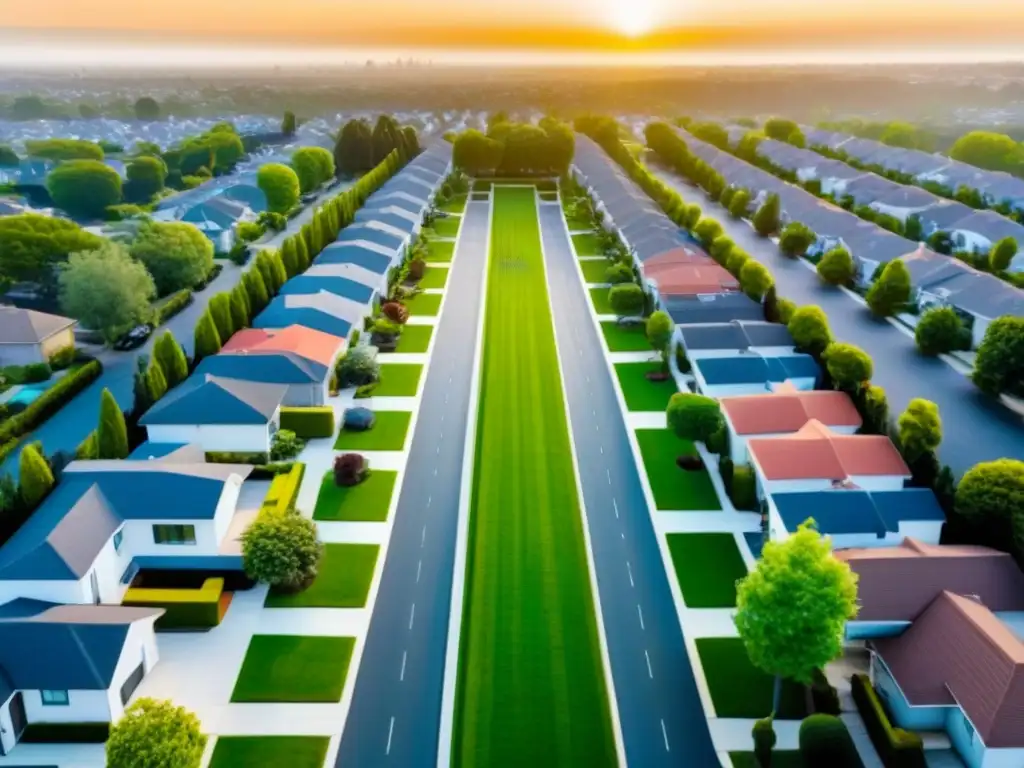 Suburbio moderno: tranquilidad y conveniencia urbana Atardecer dorado en vecindario suburbano moderno, reflejando la tendencia mudarse suburbio mercado inmobiliario