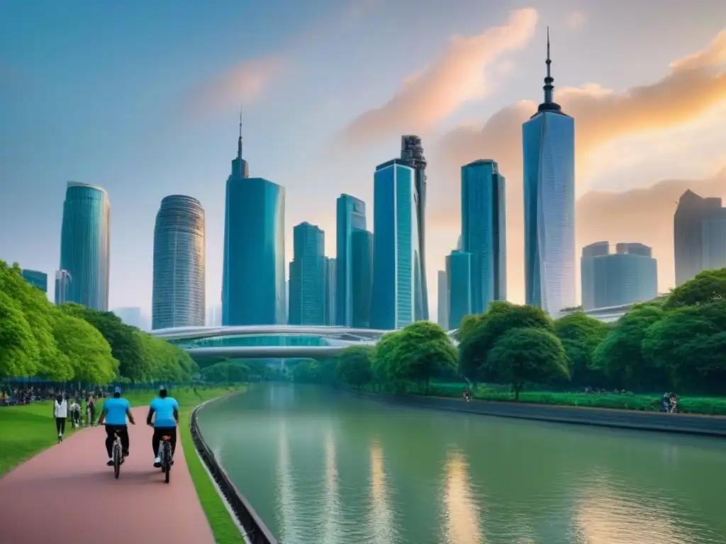 Metrópolis moderna: diversidad y armonía en un atardecer dorado Un atardecer dorado ilumina la vibrante ciudad moderna, reflejando rascacielos y parques verdes