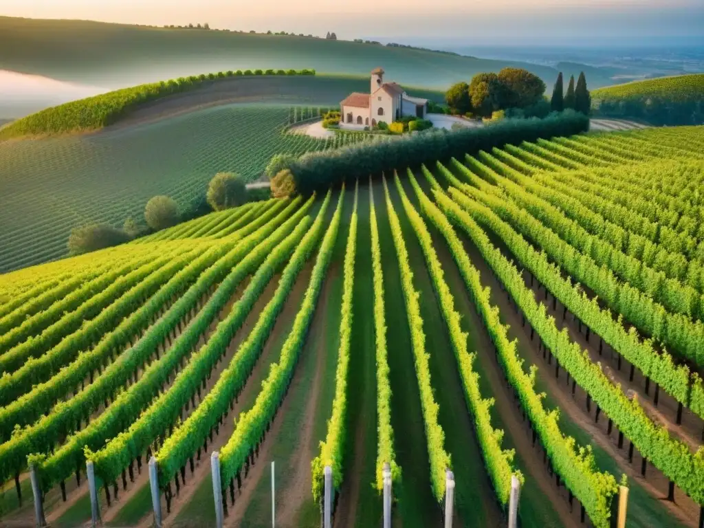 Viñedo de lujo al atardecer: inversión en vinos de clase mundial Atardecer dorado sobre viñedo extenso y moderna bodega