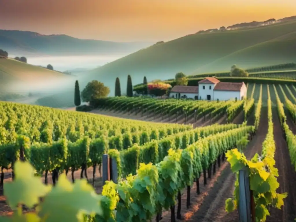 Viñedo al atardecer: detallado paisaje en 8k Atardecer dorado en viñedo con filas de viñas verdes