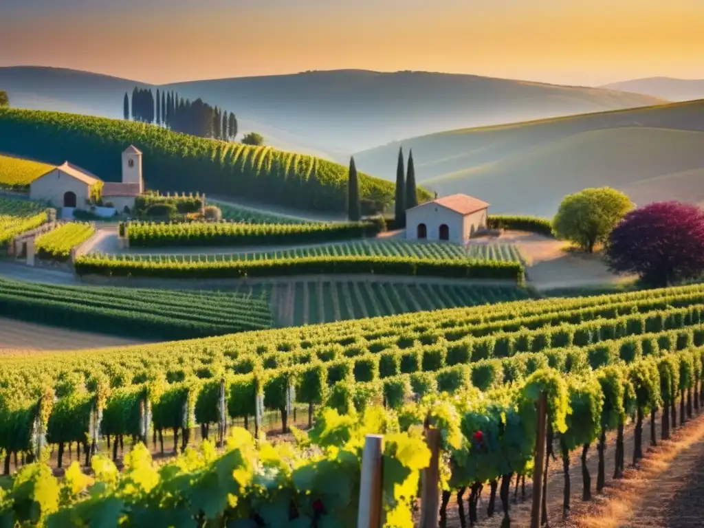 Vinedos dorados al atardecer: inversión en vinos Atardecer dorado en viñedos, bodega de piedra y flores