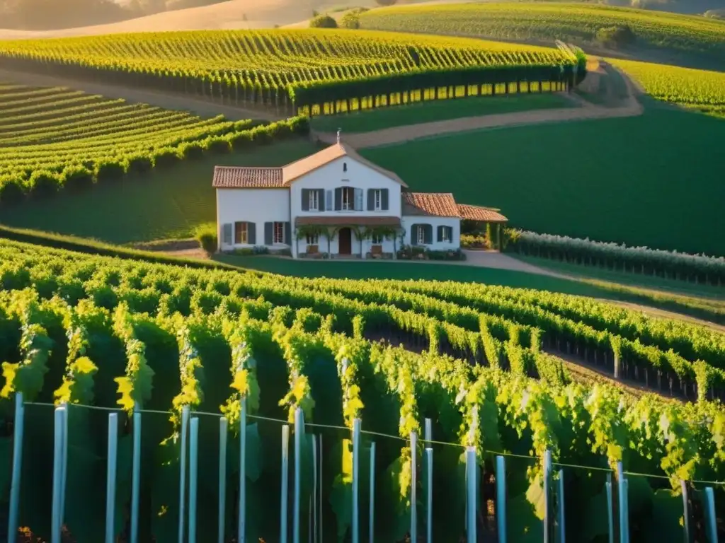 Viñedos serenos bajo la puesta de sol en bodega moderna Atardecer dorado sobre viñedos en colinas, con moderna bodega al centro
