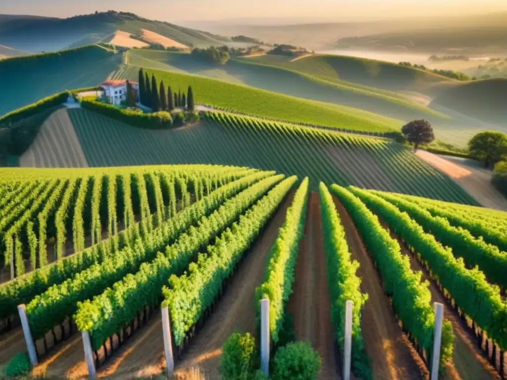 Inversiones en viñedos: Vista aérea impresionante al atardecer Atardecer dorado sobre viñedos, viñas en filas ordenadas y moderna bodega