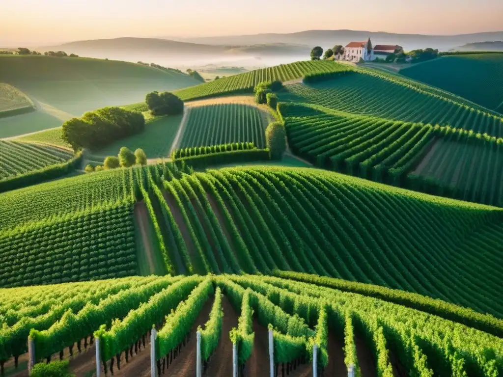 Viñedos verdes al atardecer con bodega moderna Atardecer dorado sobre viñedos verdes