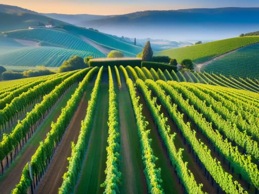 Viñedos dorados al atardecer: futuro próspero en la industria del vino Atardecer dorado sobre viñedos verdes en colinas, ideal para inversiones rentables en viñedos internacionales