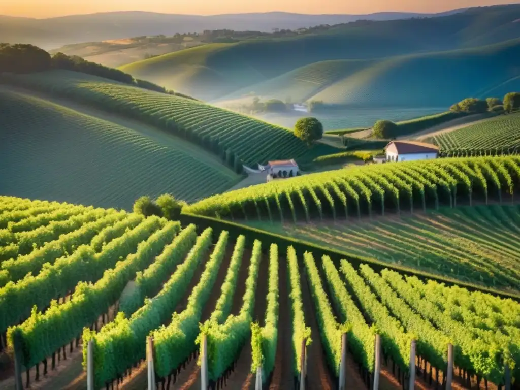 Atardecer dorado en viñedos: inversión internacional Un atardecer dorado sobre viñedos verdes y una bodega antigua, simbolizando la inversión en viñedos internacionales