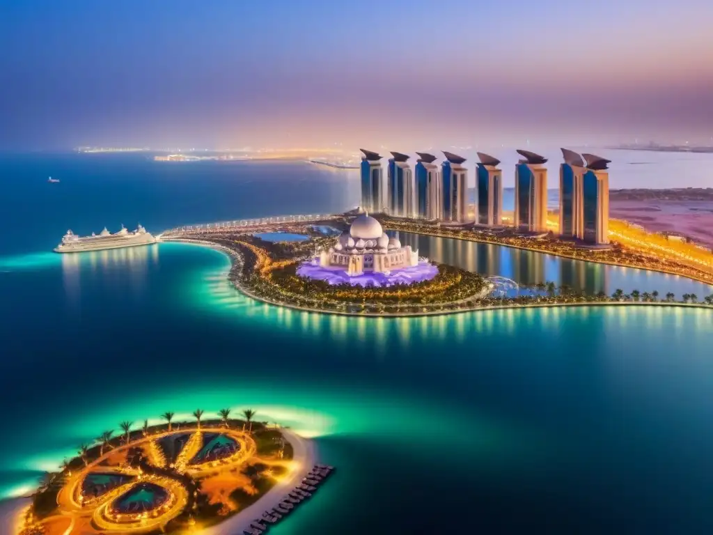 Espléndido atardecer en Abu Dabi: luces urbanas y serenidad marina Atardecer en Abu Dhabi con sus emblemáticas torres y el lujo de su paisaje urbano