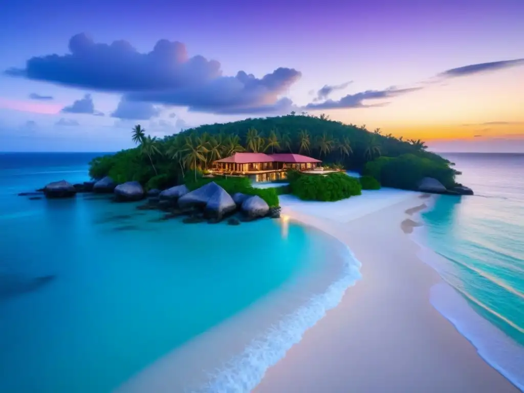 Villa de lujo frente al mar al atardecer: exclusividad y opulencia Un atardecer de ensueño en una lujosa villa frente al mar, rodeada de palmeras, arena blanca y aguas turquesas