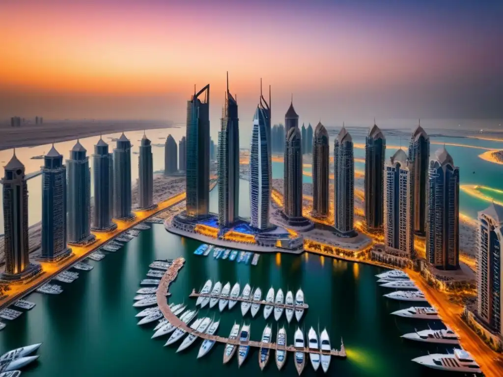 Esplendor en Dubai Marina al atardecer Un atardecer de ensueño en la Marina de Dubái con la Torre Cayan yates de lujo y rascacielos modernos