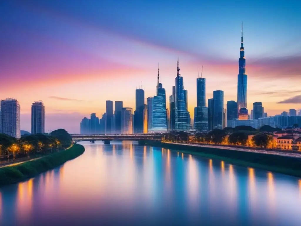 Horizonte urbano tecnológico al atardecer con blockchain en edificios Atardecer futurista en la ciudad con líneas de blockchain en valoración inmobiliaria