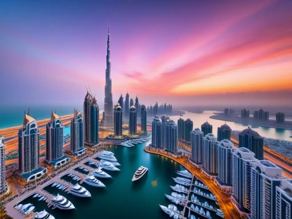 Esplendor en Dubai Marina al atardecer Atardecer de lujo en Dubai Marina: vista aérea con rascacielos, yates y cielo naranja