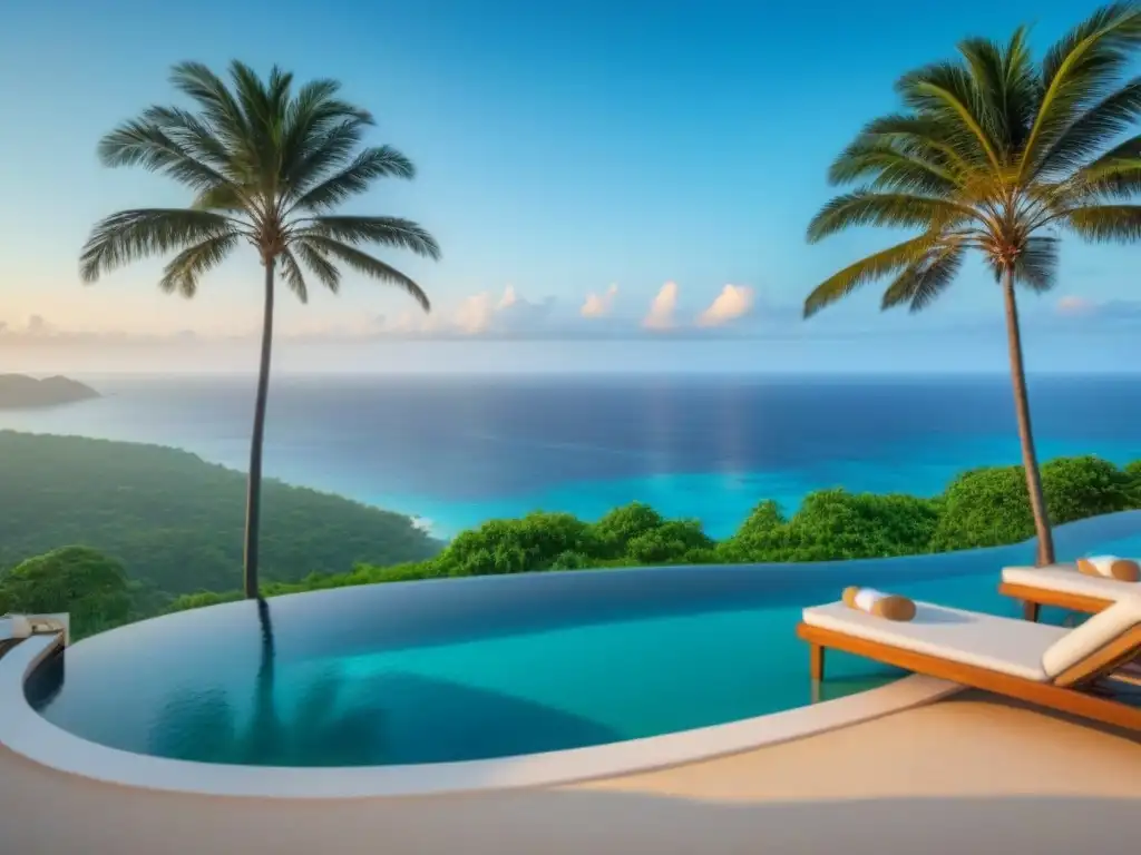 Paraíso tropical: piscina infinita de lujo con vista al mar turquesa Atardecer en infinity pool de lujo en isla privada, rodeada de exuberante vegetación tropical