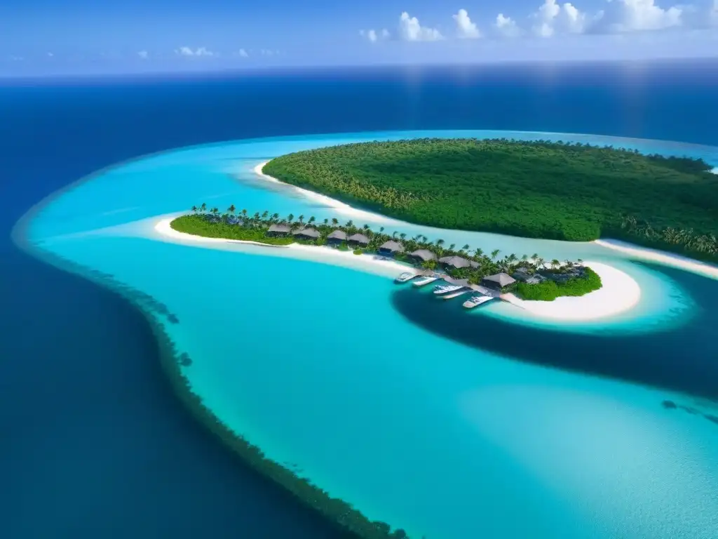 Paraíso exclusivo: lujo y sofisticación en isla privada Atardecer de lujo en isla privada con aguas cristalinas, villas lujosas y piscinas infinitas frente al mar
