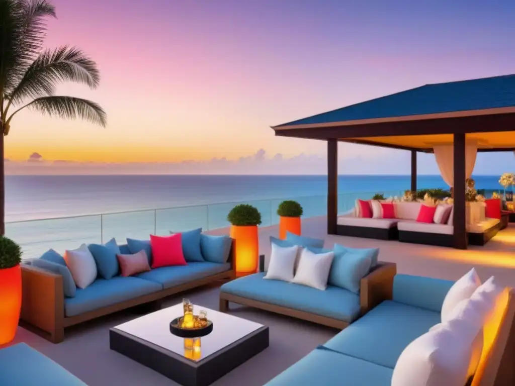Terraza de lujo al atardecer: networking exclusivo en resort de ensueño Un atardecer de lujo en terraza de resort tiempo compartido lujo, networking exclusivo con champán en mano