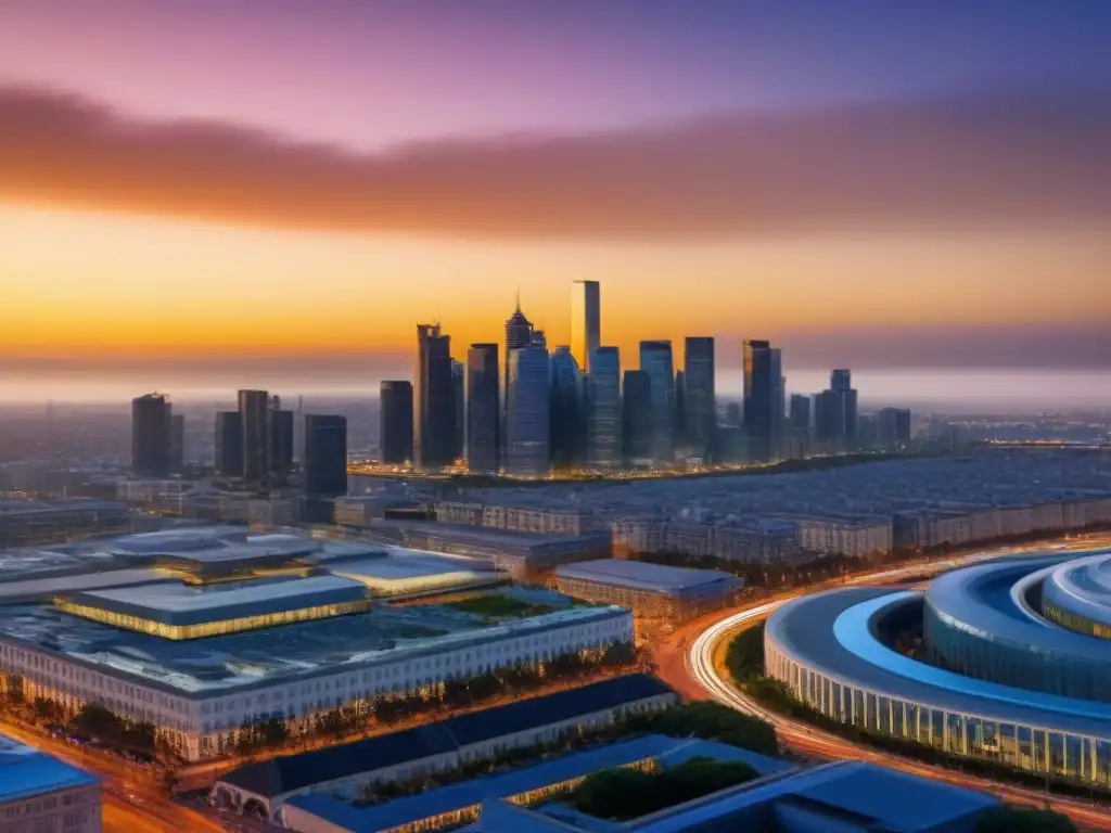 Esplendor urbano: atardecer en la ciudad de lujo Un atardecer lujoso en la ciudad: rascacielos iluminados por el sol poniente, reflejando opulencia