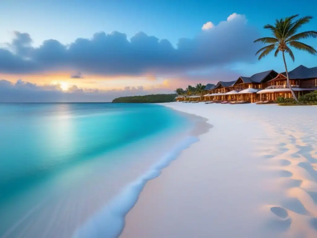 Inversión en el Caribe: resort de lujo frente al mar Atardecer en lujoso resort frente al mar en el Caribe, aguas turquesas y villas elegantes