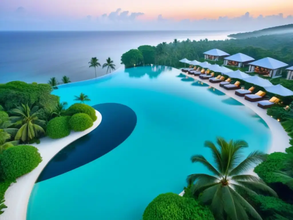 Paraíso tropical de lujo: inversión en timeshare Atardecer en lujoso resort tropical con aguas turquesa, playas blancas y vegetación exuberante