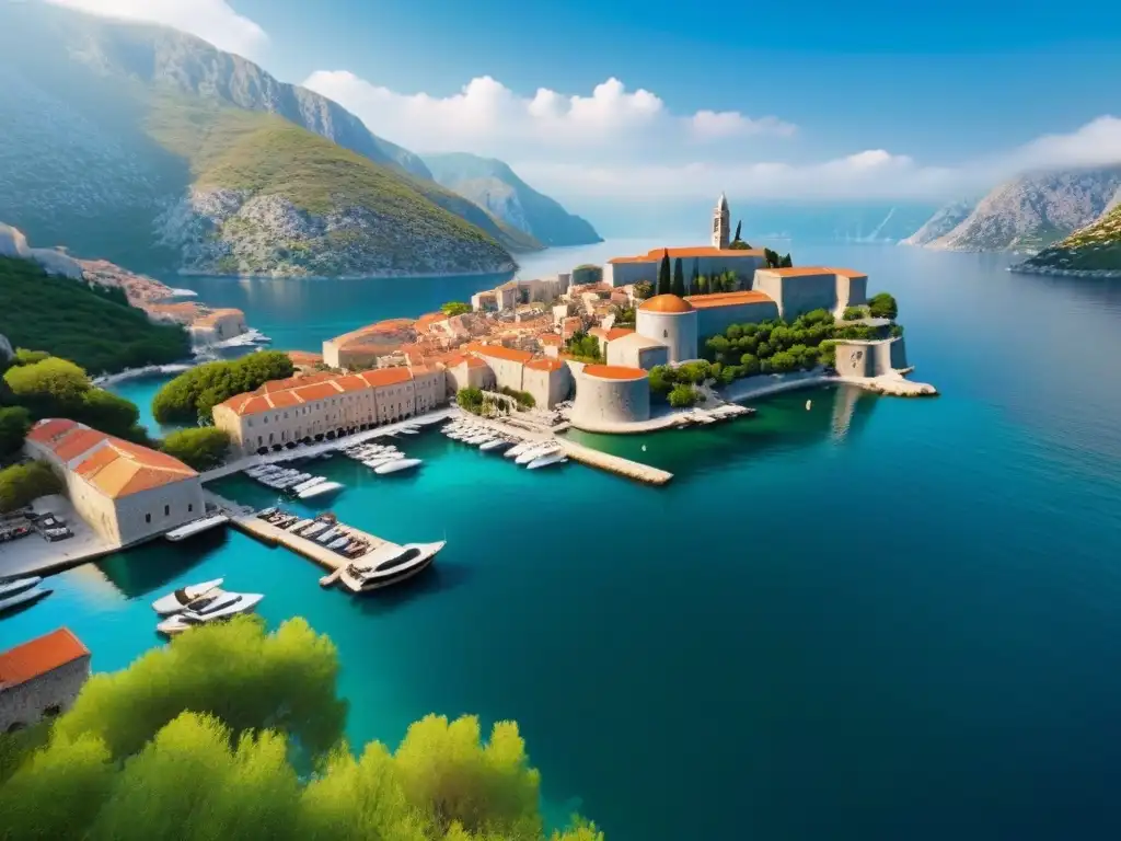 Vista aérea impresionante de la Bahía de Kotor en Montenegro Atardecer mágico sobre la Bahía de Kotor en Montenegro con la ciudad antigua yates de lujo en la marina
