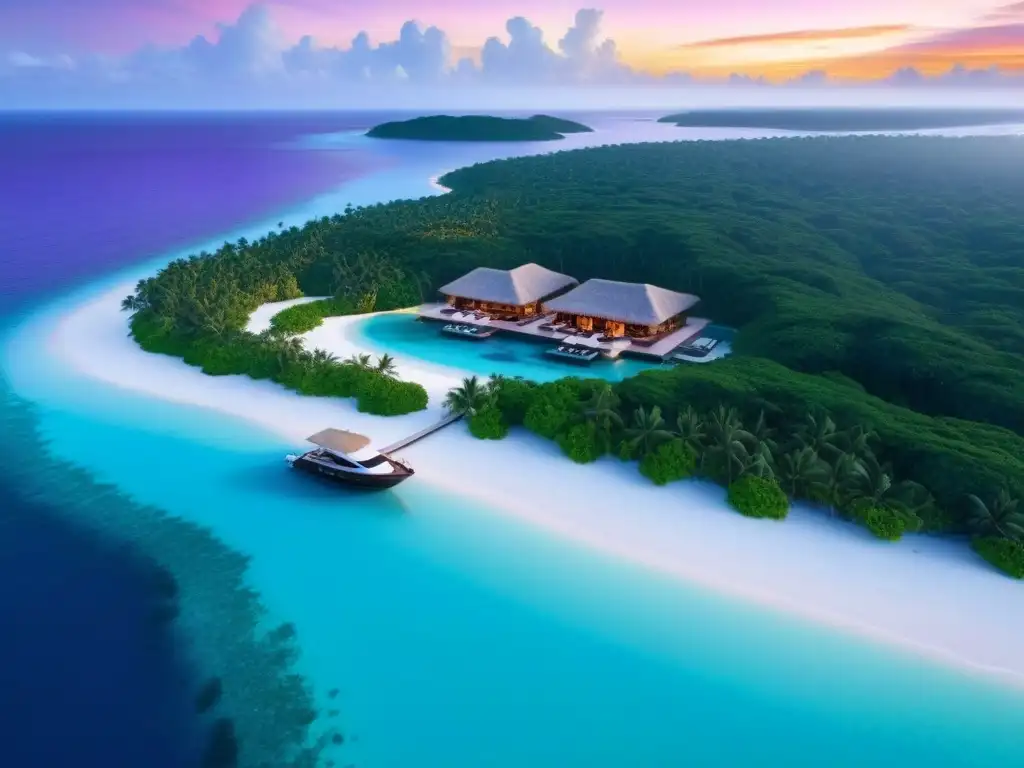 Exclusiva isla privada: lujo y relax en paraíso tropical Atardecer opulento en isla privada: villas elegantes, piscinas infinitas y jardines tropicales