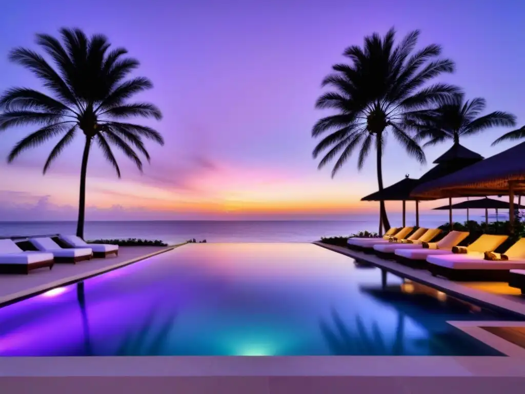 Piscina de lujo al atardecer en resort de lujo Atardecer en piscina infinita de lujo en resort de tiempo compartido