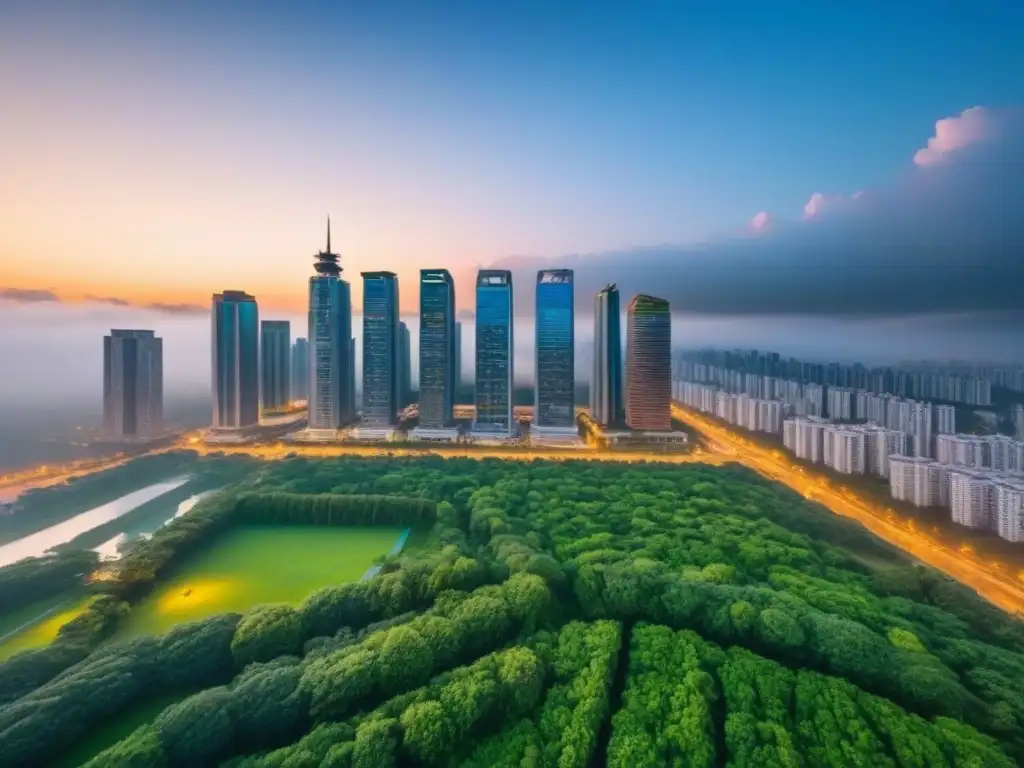 Horizonte urbano en mercado emergente: crecimiento y oportunidad Atardecer radiante en mercados inmobiliarios internacionales emergentes 2023 con rascacielos y naturaleza exuberante